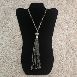 Silver Chain Tassle Necklace & Earrings Set Rhinestone Accents